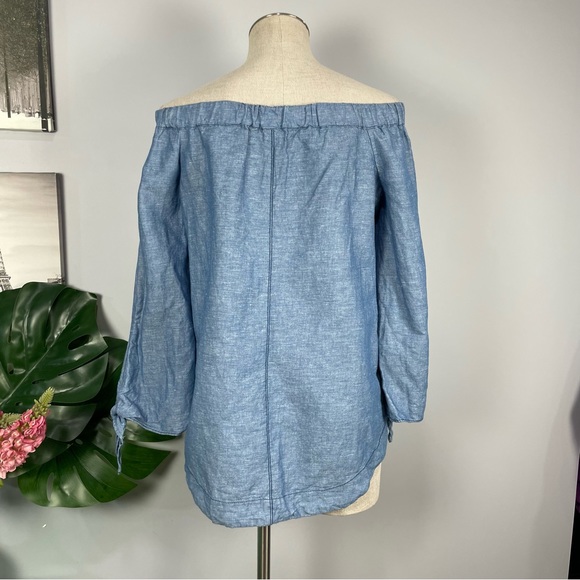 Free People linen/cotton Show Me Some Shoulder chambray blouse Sz XS - Picture 9 of 13